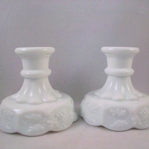 Westmoreland Milk Glass Panel Grape Pattern Taper Candle Holders 4"